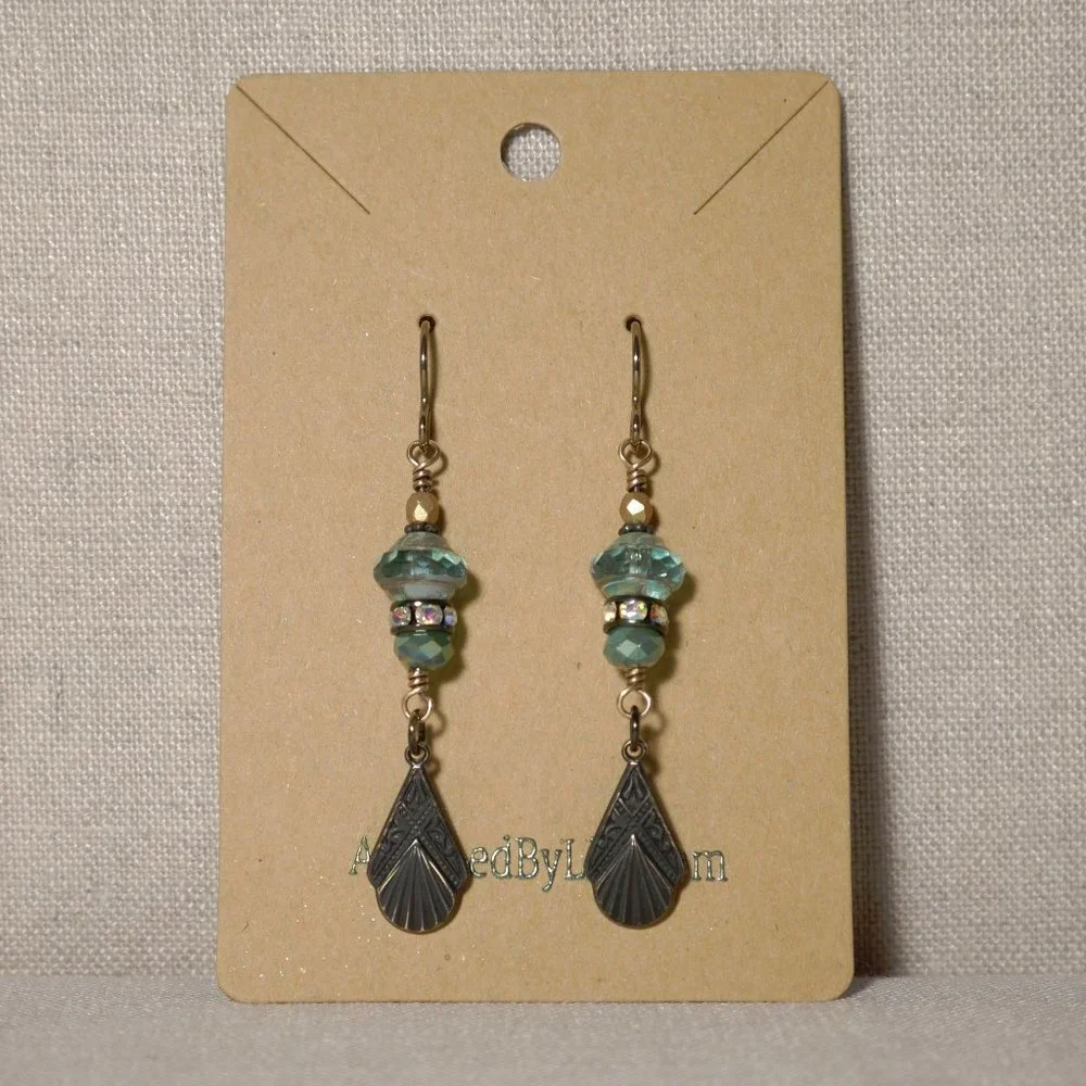 Hand Crafted Handmade Earrings Aqua Czech Glass Art Deco Rhinestone Earr… - Picture 2 of 4